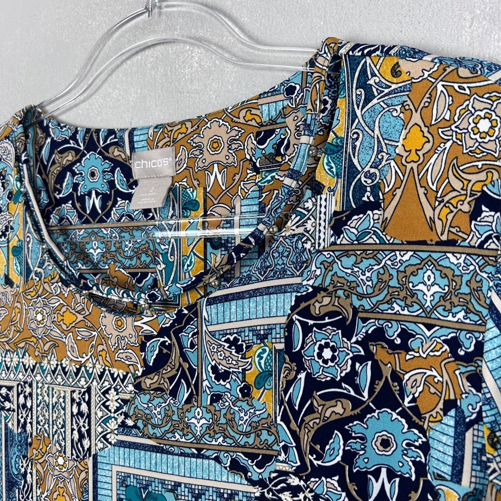 Chicos tunic top size 2 Large blue patchwork 3/4 sleeve stretch knit - Picture 5 of 12